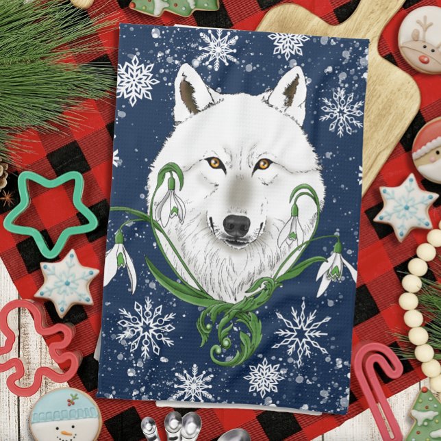 White Arctic Wolf Snowdrop Flowers Tea Towel (Creator Uploaded)