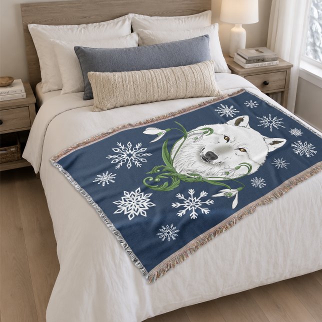 White Arctic Wolf Snowdrop Flowers Throw Blanket (Creator Uploaded)