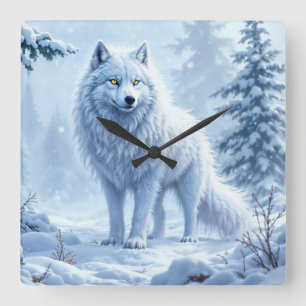 White Arctic wolf winter landscape design Square Wall Clock