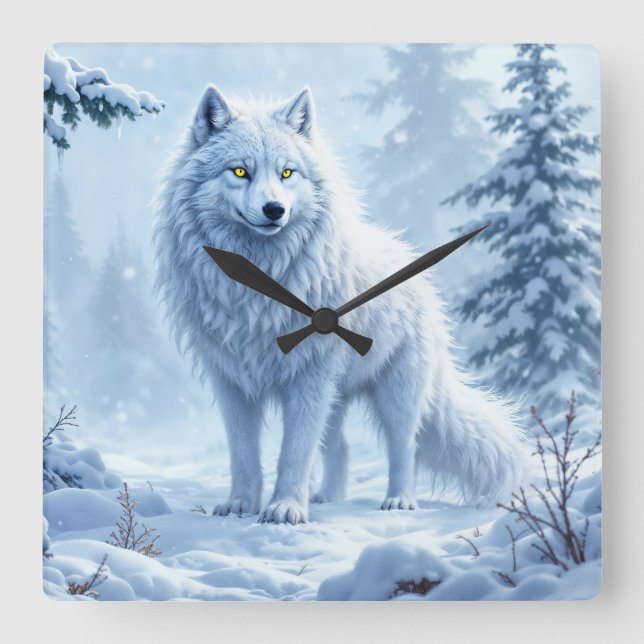 White Arctic wolf winter landscape design Square Wall Clock (Front)