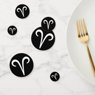 White Aries Ram Astrology Symbol on Black Confetti