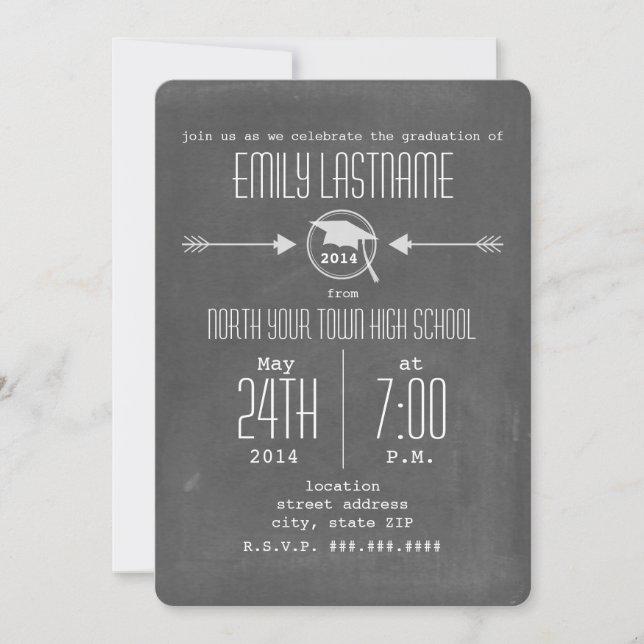 White Arrows Chalkboard Inspired Photo Graduation Invitation (Front)