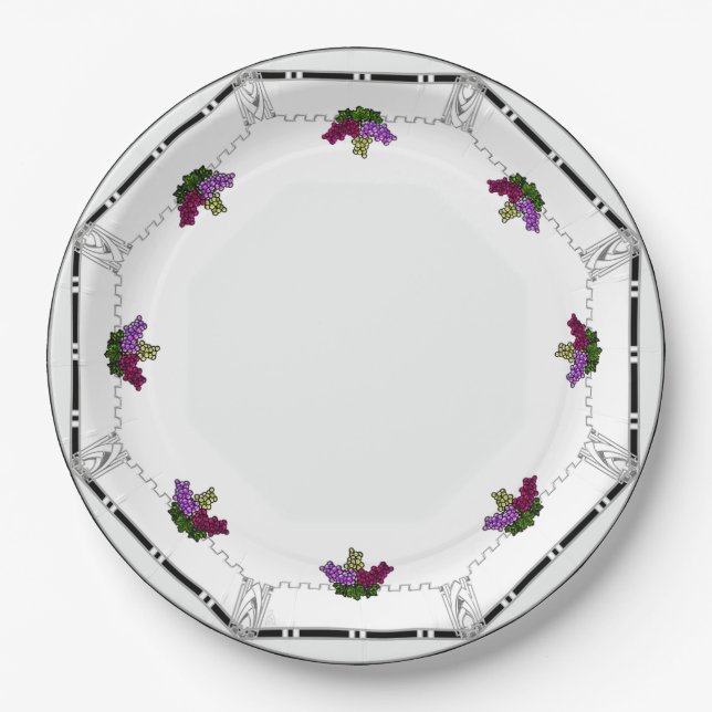 White Art Deco -Black, Silver,Violet Grapes Border Paper Plate (Front)