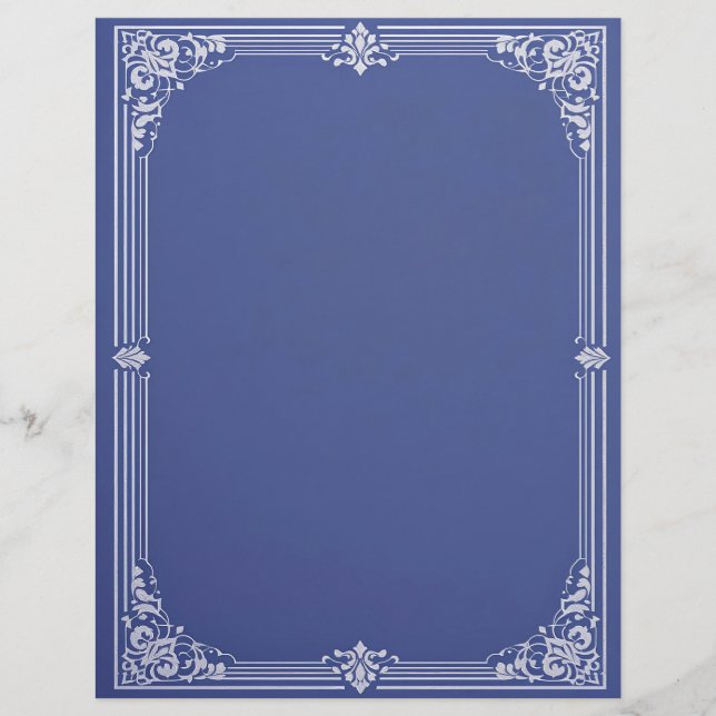 White Art Deco Frame on Dusty Blue Custom Letterhead (Front)