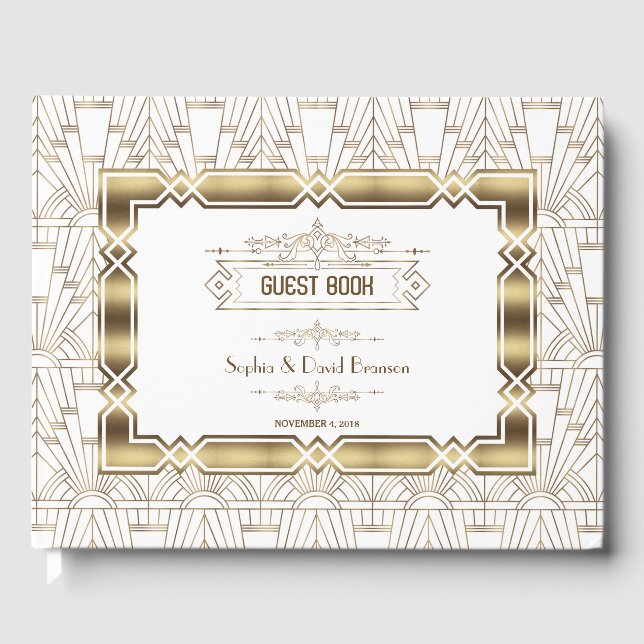 White Art Deco Great Gatsby 1920s Style Wedding Guest Book (Front)