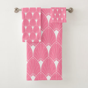 White Art Deco pattern  2on pink background Bath Towel Set