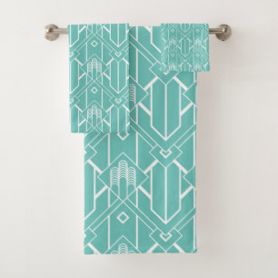 White Art Deco pattern 3 on turquoise background Bath Towel Set