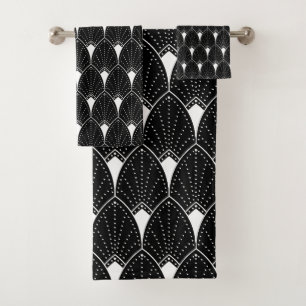 White Art Deco pattern On Black Background Bath Towel Set