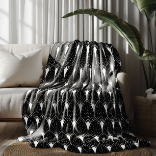 White Art Deco Pattern On Black Background Fleece Blanket