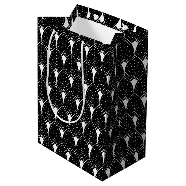 White Art Deco Pattern On Black Medium Gift Bag (Back Angled)