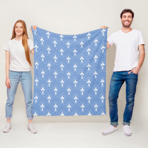 White art-deco pattern on blue fleece blanket