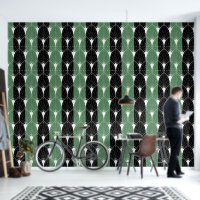 White Art Deco Pattern on green black stripes