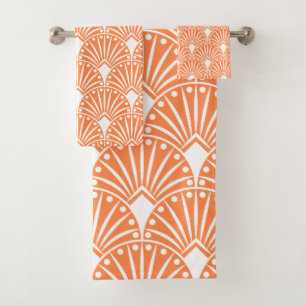 White Art Deco pattern on orange background Bath Towel Set