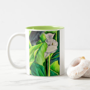White Arum Lily watercolor tropical floral Two-Tone Coffee Mug