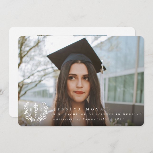 White Asclepius RN Registered Nurse Graduation Announcement (Front/Back)