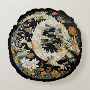 White Asian Dragon and flowers Round Pillow