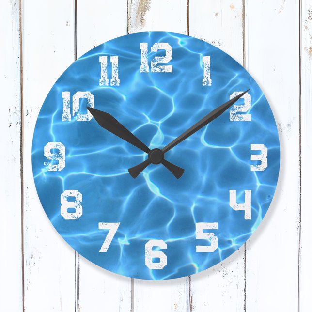 White Athletic Grunge Numbers Blue Swimming Pool Large Clock (Swimming Team Wall Clock)