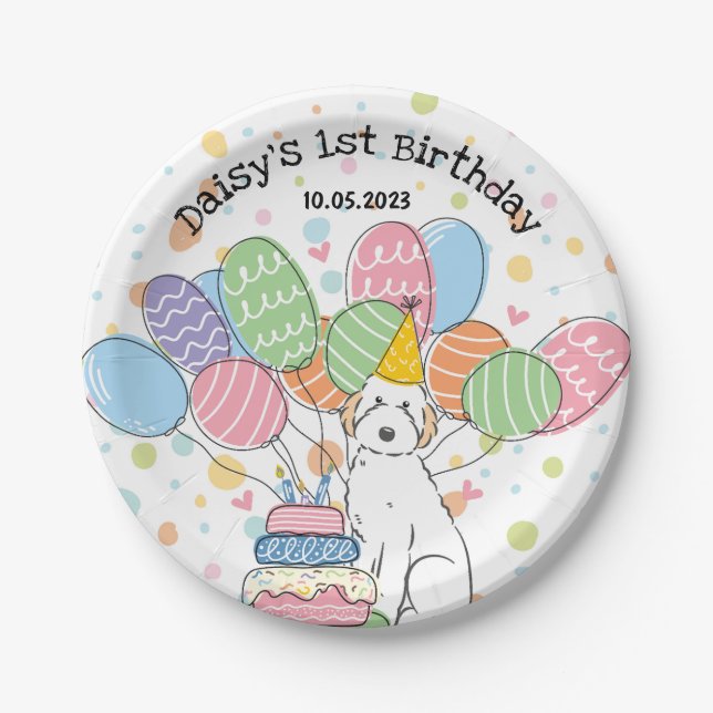 White Aussiedoodle Birthday Party Paper Plates (Front)