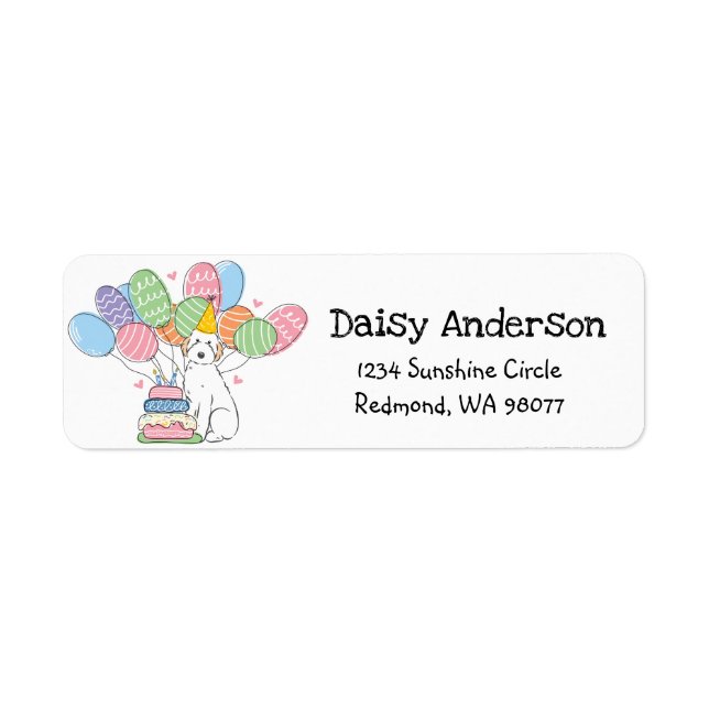White Aussiedoodle Birthday Party Return Address Label (Front)