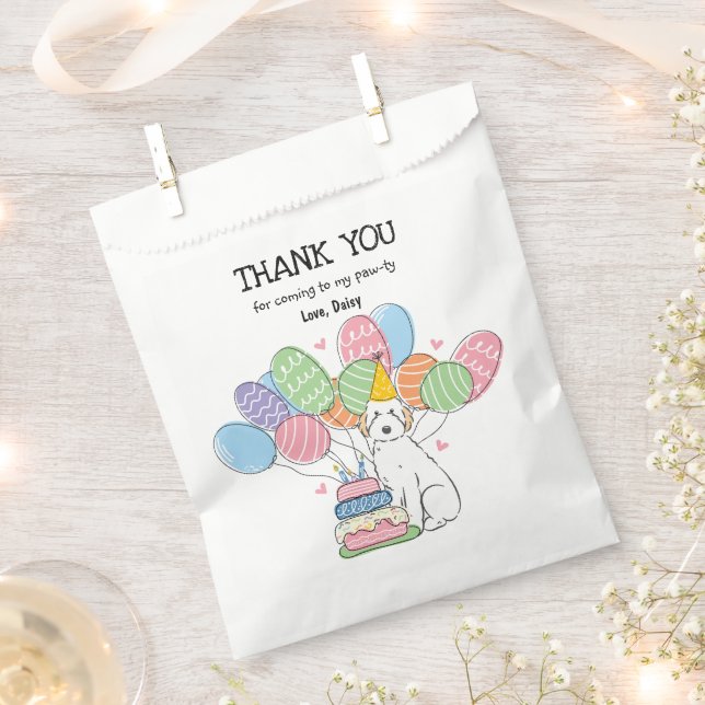 White Aussiedoodle Dog Birthday Party Thank You Favour Bag (Clipped)