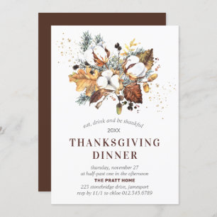 White Autumn Floral Thanksgiving Dinner Invitation