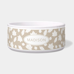 White Autumn Leaves Pattern On Beige & Pet's Name