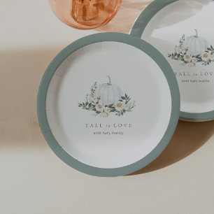 White Autumn Pumpkin Greenery Baby Shower Paper Plate