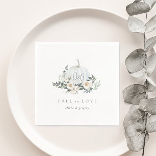 White Autumn Pumpkin Greenery "Fall in Love" Napkin