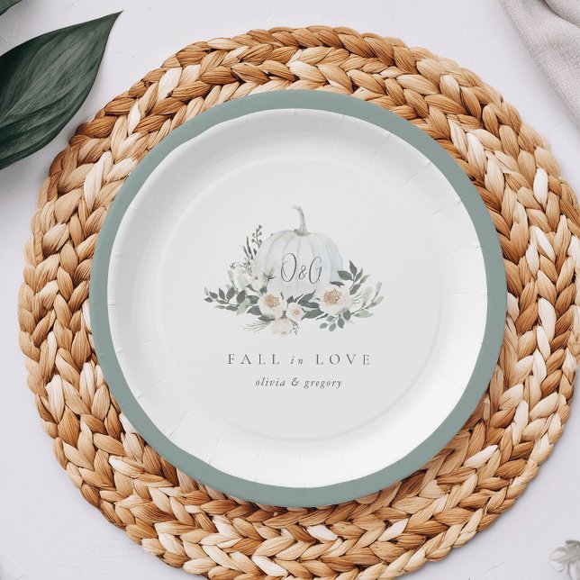 White Autumn Pumpkin Greenery "Fall in Love" Paper Plate (Creator Uploaded)