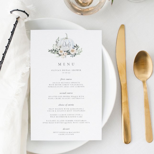 White Autumn Pumpkin Greenery Monogram Event Menu (Creator Uploaded)