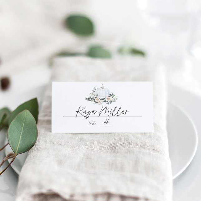 White Autumn Pumpkin Greenery Place Card (Creator Uploaded)