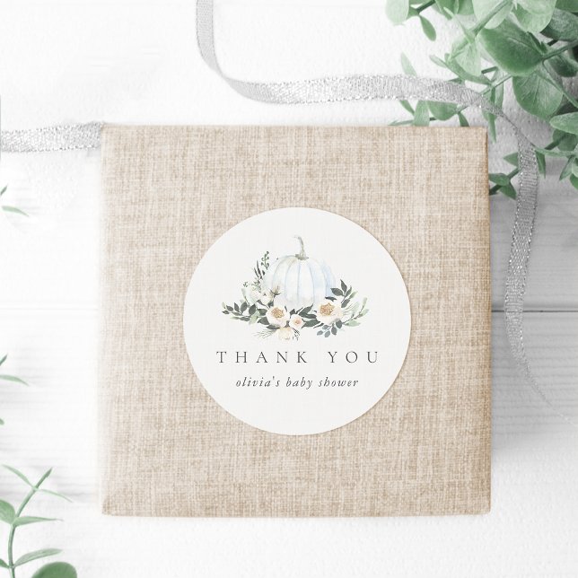 White Autumn Pumpkin Greenery Thank You Favour Classic Round Sticker (Creator Uploaded)