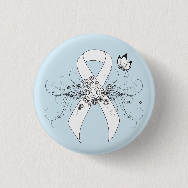 White Awareness Ribbon with Butterfly 3 Cm Round Badge (Front)