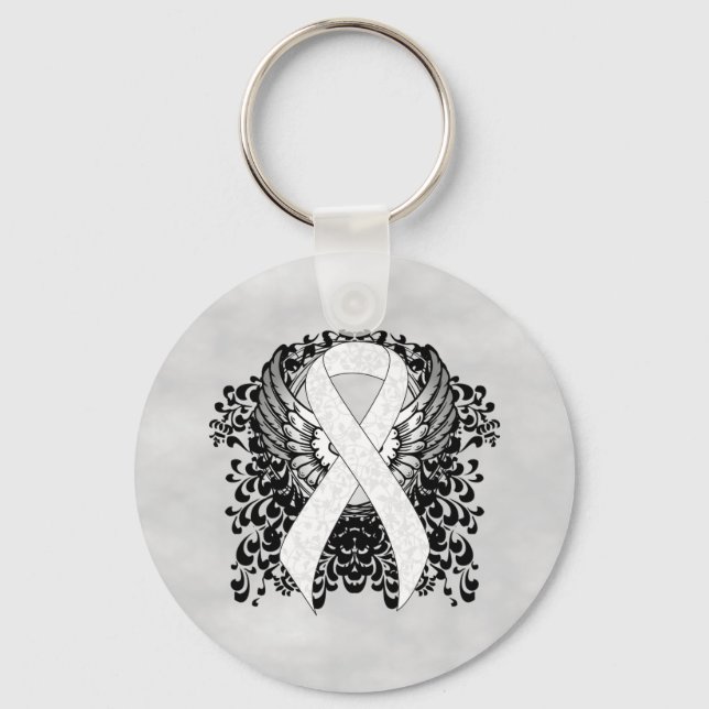 White Awareness Ribbon with Wings Key Ring (Front)