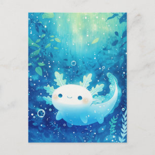White Axolotl Swimming in Deep Blue Bubbling Ocean Postcard