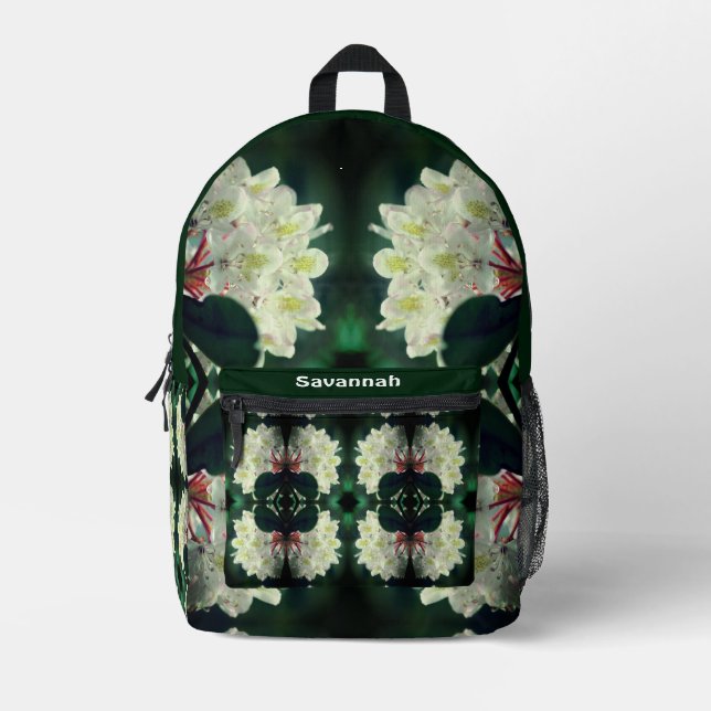 White Azalea Flower Abstract Personalised Printed Backpack (Front)