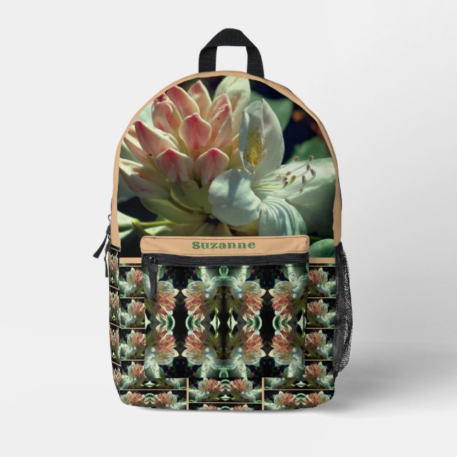 White Azalea Flower And Bud Personalised Printed Backpack (Front)