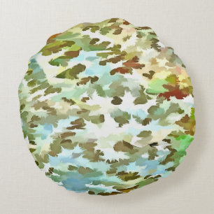White, Baby Blue and Green Camouflage Pattern Round Cushion