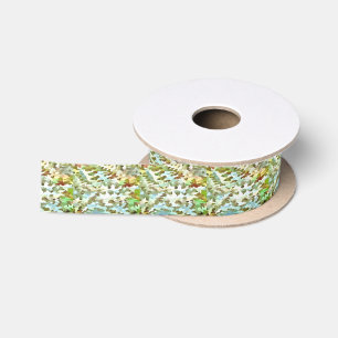 White, Baby Blue and Green Camouflage Pattern Satin Ribbon