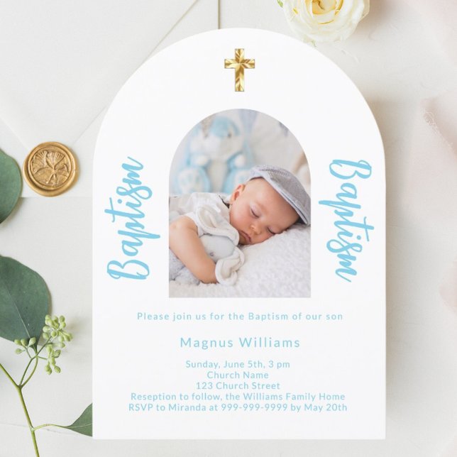 White baby blue photo arch script boy Baptism Invitation (Creator Uploaded)