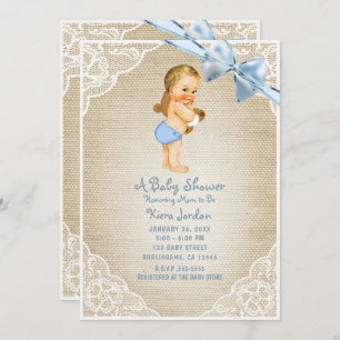 White Baby Boy Bear & Blue Bow Burlap Baby Shower Invitation