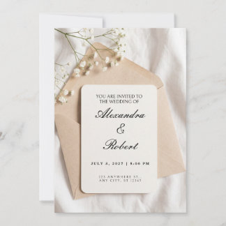 White Baby Breath Tan Envelope Wedding Invitation