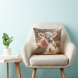 White Baby Calf In Barn Stall Cushion