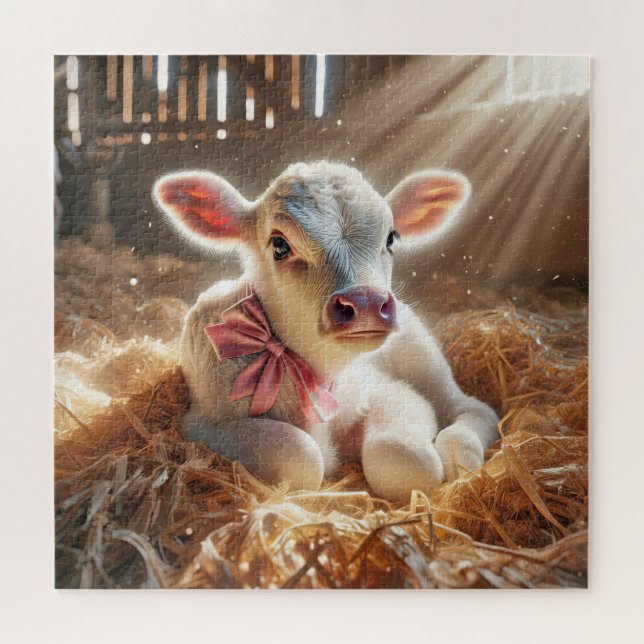 White Baby Calf In Barn Stall Jigsaw Puzzle (Horizontal)