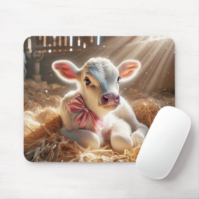 White Baby Calf In Barn Stall Mouse Pad (With Mouse)
