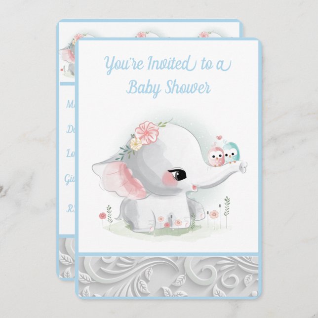 White Baby Elephant Invitation (Front/Back)
