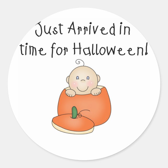 White Baby Halloween Just Arrived Classic Round Sticker (Front)