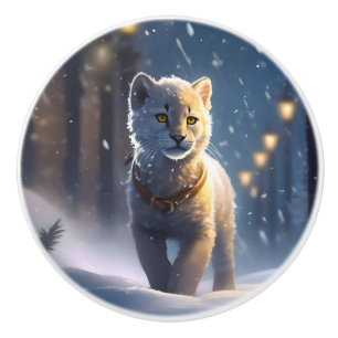 White Baby Snow Lion Oil Paint, Ceramic Knob