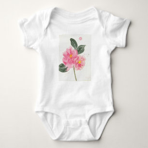 White baby t-shirt with pink camellia baby bodysuit