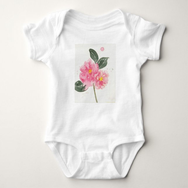 White baby t-shirt with pink camellia bodysuit (Front)